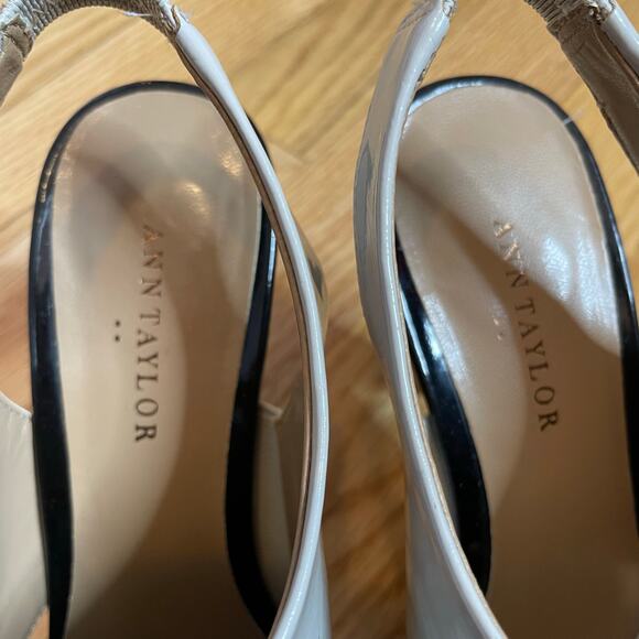 Ann Taylor spats style open toed heels taupe black patent 6 - Picture 2 of 9